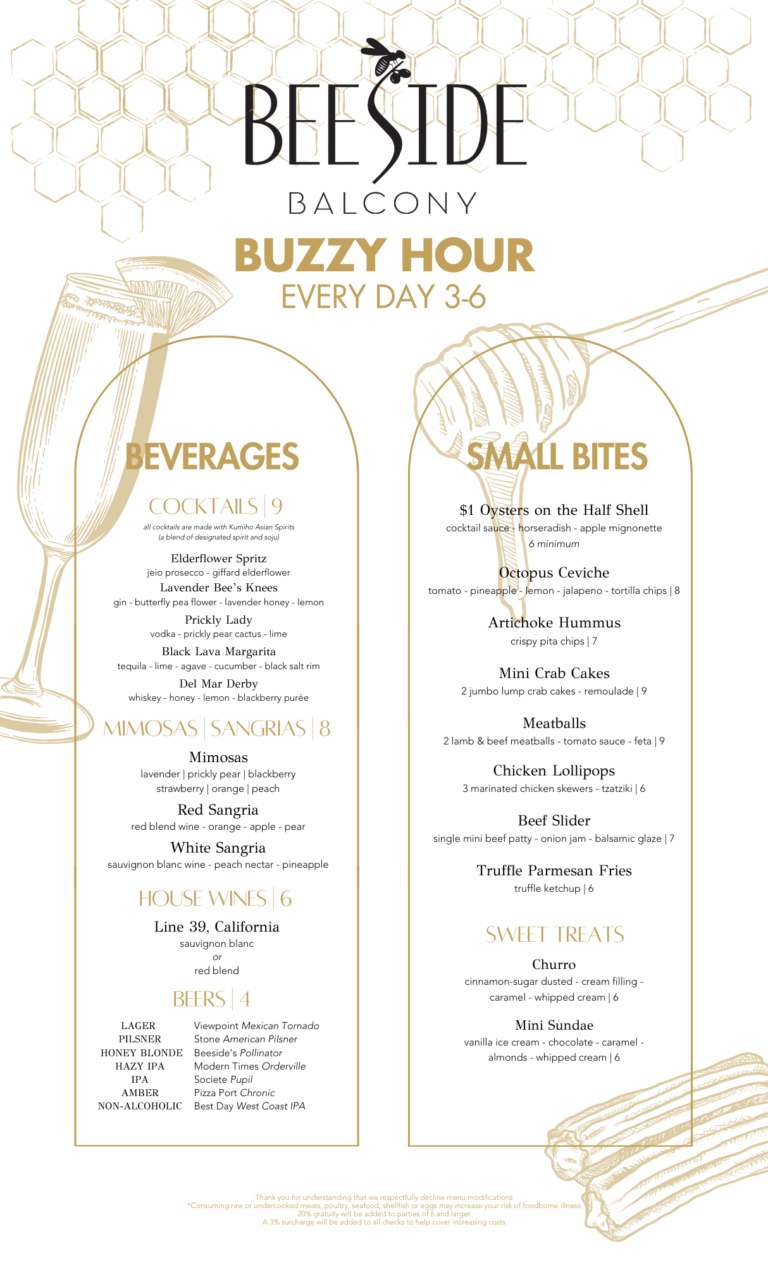 Buzzy Hour Cocktail Menu Design in Gold and Black with the Beeside Balcony Logo at the top of the page, listing out all cocktails during their happy hour named the, "Buzzy Hour."